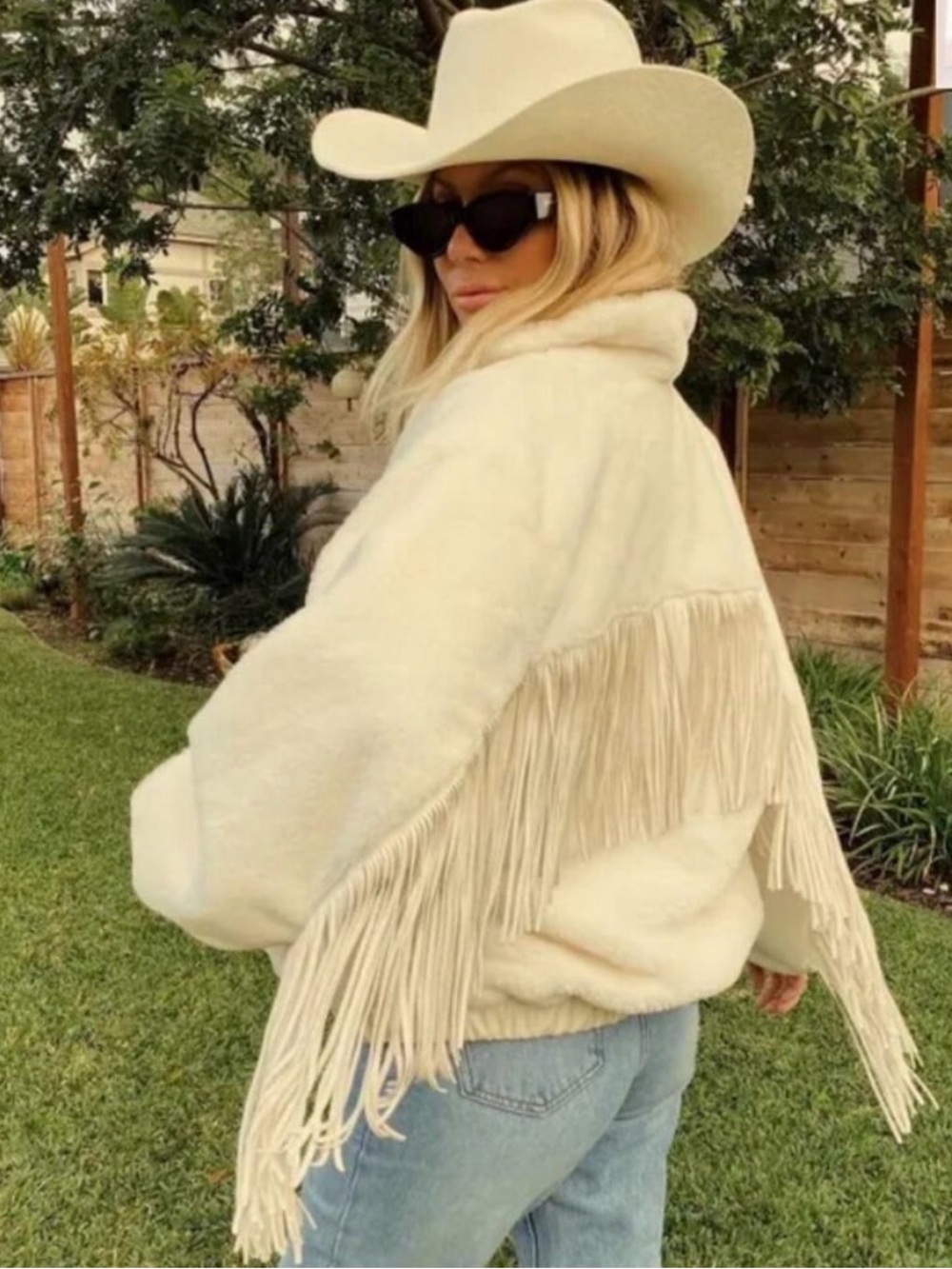 12th Tribe x The Salty Blonde Cooper White Faux Fur Fringe Jacket Cream Medium